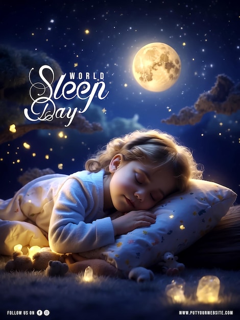 World sleep day poster with a background from a cute girl sleep at quite and magical night