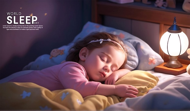 PSD world sleep day with cute girl kids is sleeping in her bedroom at night with her eyes closed