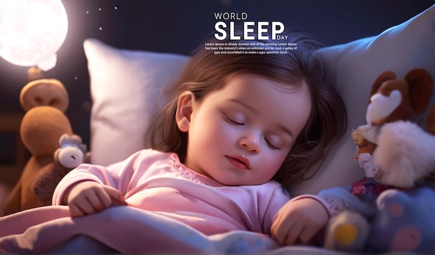 PSD world sleep day with cute girl kids is sleeping in her bedroom at night with her eyes closed