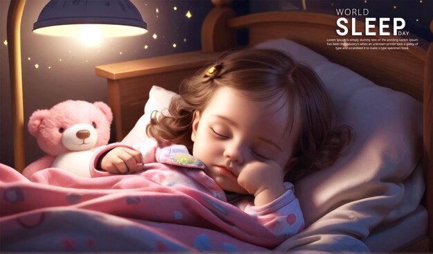 PSD world sleep day with cute girl kids is sleeping in her bedroom at night with her eyes closed