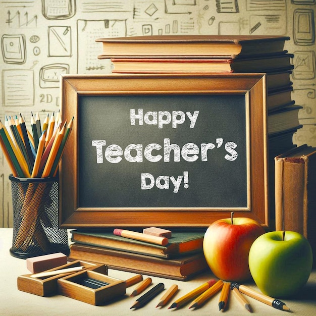 PSD world teachers day concept with realistic background back to school on chalkboard book apple psd