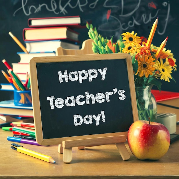 PSD world teachers day concept with realistic background back to school on chalkboard book apple psd