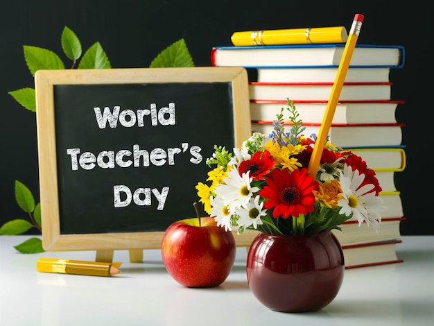 World Teachers day concept with realistic background Back to school on chalkboard book apple PSD