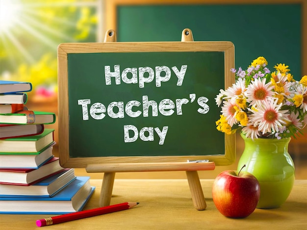 PSD world teachers day concept with realistic background back to school on chalkboard book apple psd