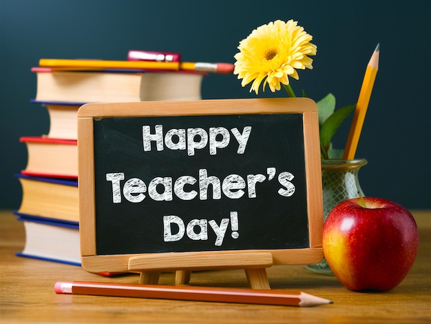 PSD world teachers day concept with realistic background back to school on chalkboard book apple psd