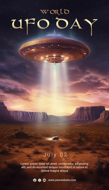 PSD world ufo day poster template concept with fantasy illustration style