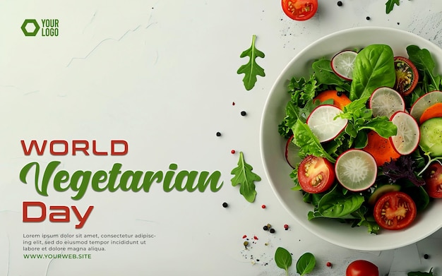 PSD world vegetarian day banner with salad bowl background