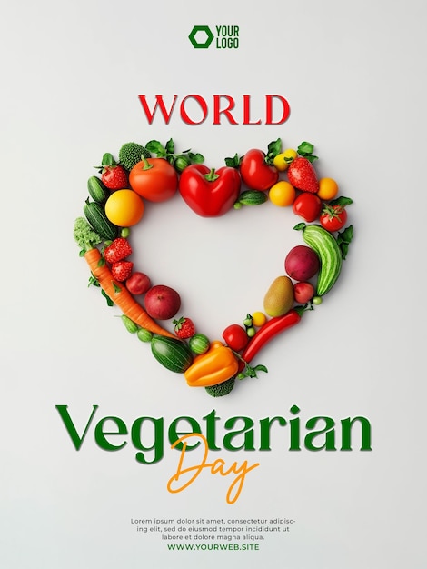 PSD world vegetarian day social media post with heartshaped fruit and vegetable images