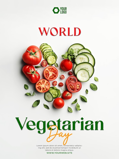 PSD world vegetarian day social media post with heartshaped fruit and vegetable images