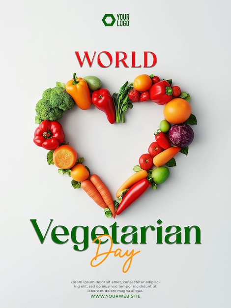 PSD world vegetarian day social media post with heartshaped fruit and vegetable images