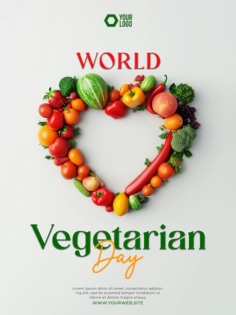 PSD world vegetarian day social media post with heartshaped fruit and vegetable images