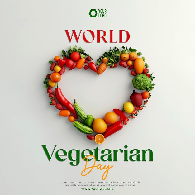 PSD world vegetarian day social media post with heartshaped fruit and vegetable images