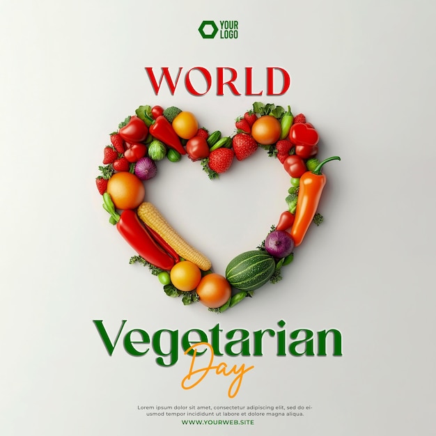 PSD world vegetarian day social media post with heartshaped fruit and vegetable images