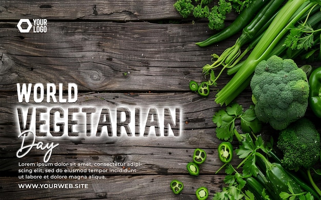 PSD world vegetarian day with green vegetables background on wooden table