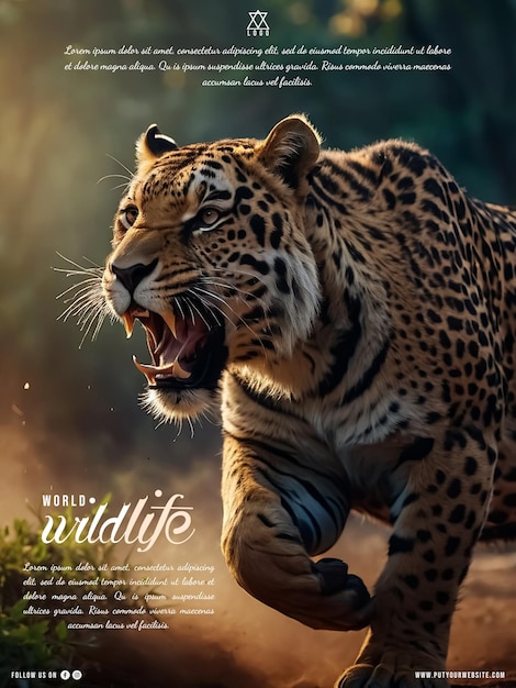 World wild life day poster with a background from danger tiger walking at forest