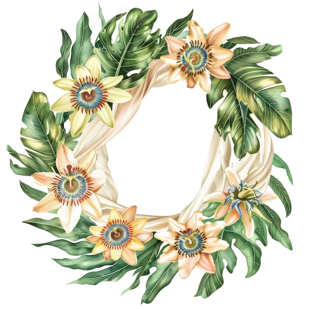 Wreath of passion flower and green leaf with flowing fabric Watercolor AIG56