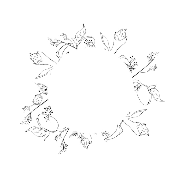 Wreath with bean sprouts sprigs of plants with seeds and flowers black and white illustration