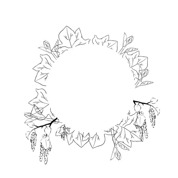 PSD wreath with large leaves and birch buds branches black and white illustration