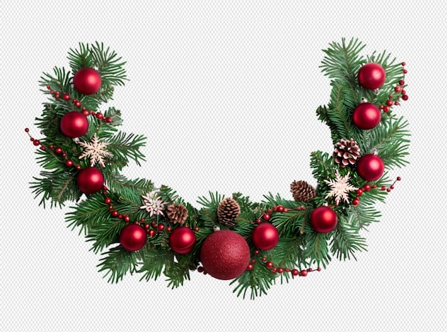 a wreath with red decorations and a christmas tree on a gray background