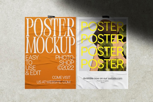 PSD wrinkled paper poster mockup on textured wall with shadow effect