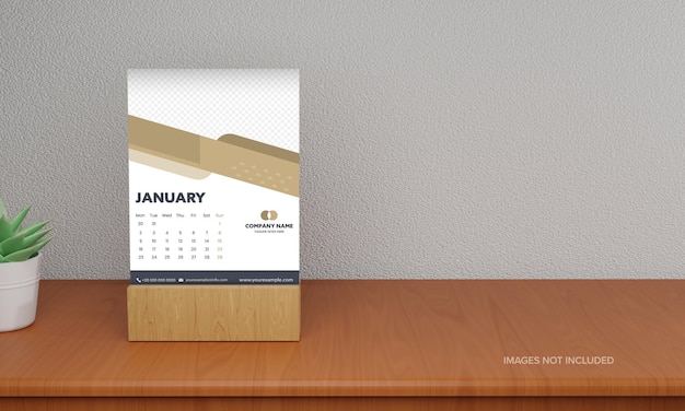 Yearly Calendar Template Layout With Space For Image Or Text 3D Plant Pot On Gray And Brown Background