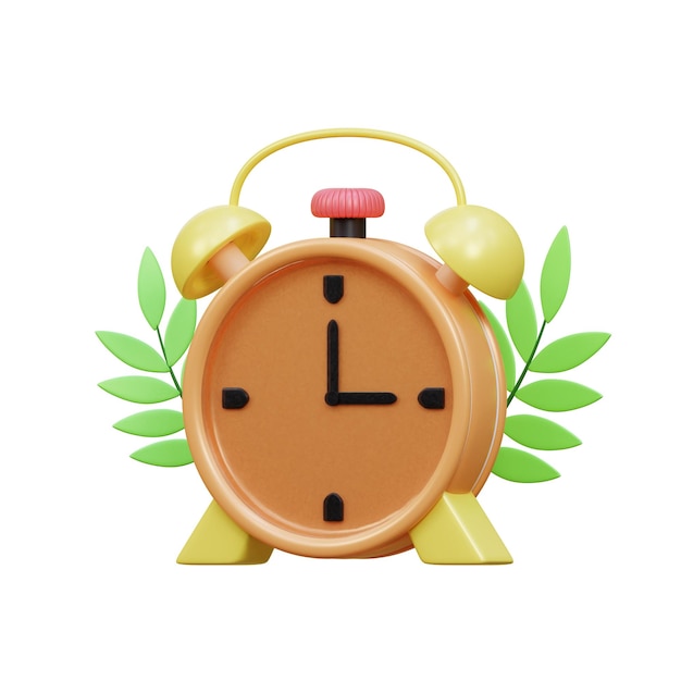 A yellow alarm clock with a green leaf on the top.