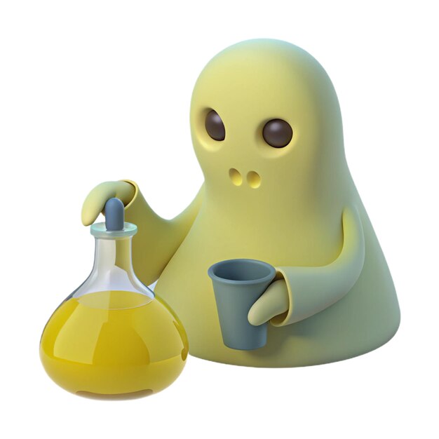 a yellow alien with a bottle of liquid next to it