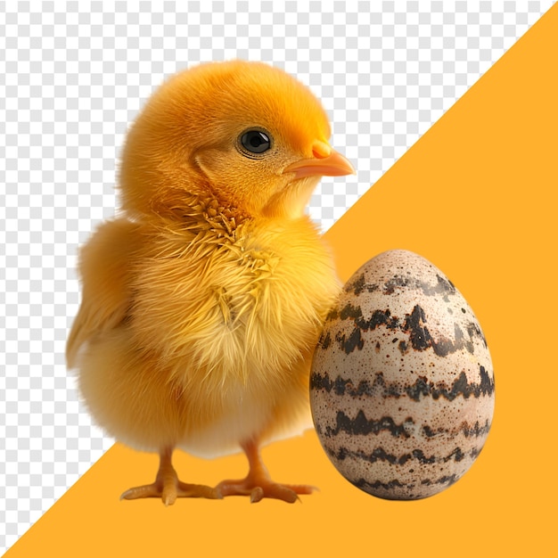 PSD a yellow baby chicken is standing with easter egg on transparent background