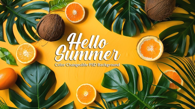 PSD a yellow background with a bunch of coconuts and oranges