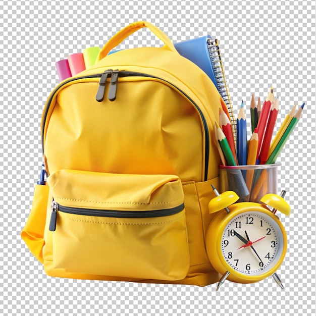 yellow backpack with alarm clock and school equip