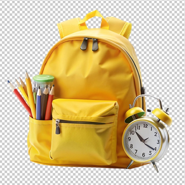 yellow backpack with alarm clock and school equip