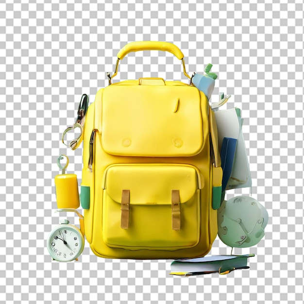 Yellow backpack with alarm clock and school equipment