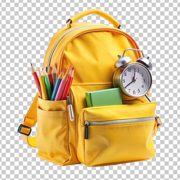 yellow backpack with alarm clock and school on transparent background