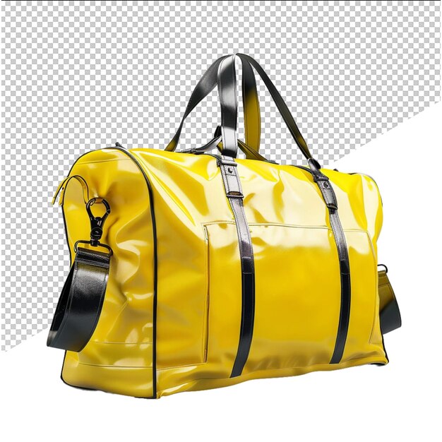 a yellow bag with a black strap that says quot travel quot