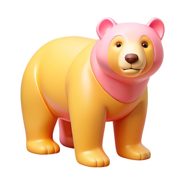 a yellow bear with a pink ribbon around its neck