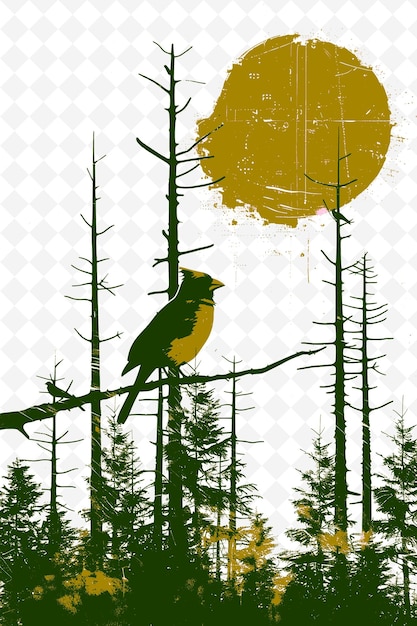 PSD a yellow bird is sitting on a branch with pine trees in the background