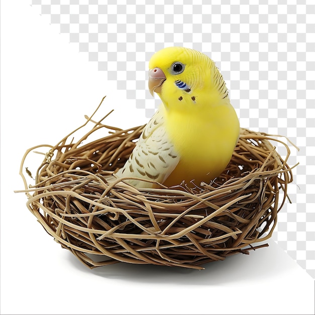 PSD a yellow bird sits in a nest with a blue eye