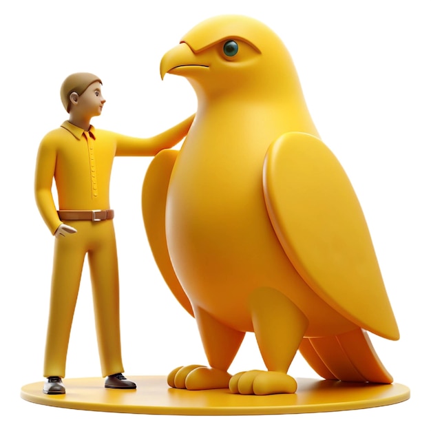 PSD a yellow bird statue with a man next to it