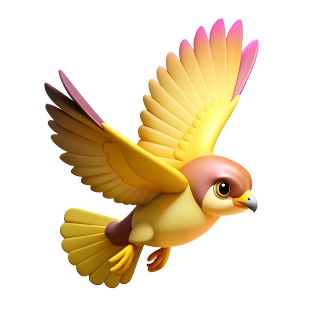 a yellow bird with purple and pink wings is flying in the air