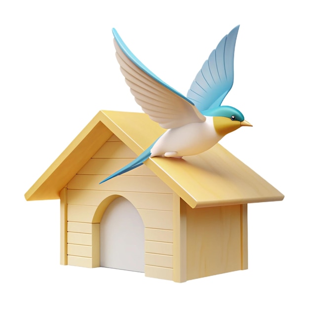 a yellow birdhouse with blue wings is shown on a white background