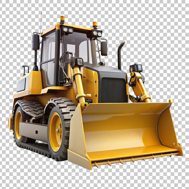 a yellow and black bulldozer showcasing its power on transparent background