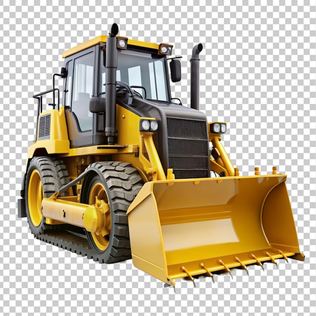 a yellow and black bulldozer showcasing its power on transparent background