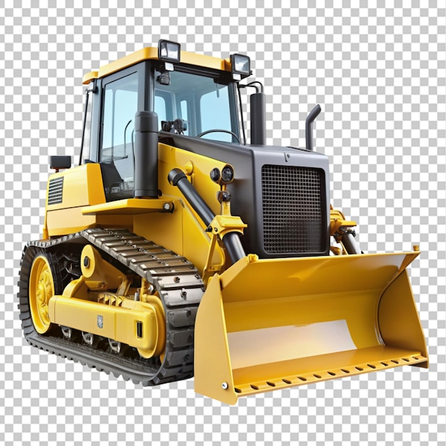 a yellow and black bulldozer showcasing its power on transparent background