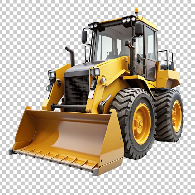 a yellow and black bulldozer showcasing its power on transparent background