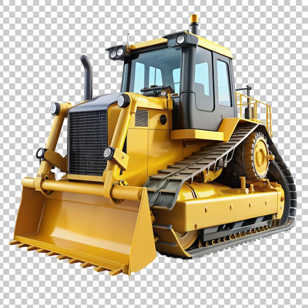 a yellow and black bulldozer showcasing its power on transparent background