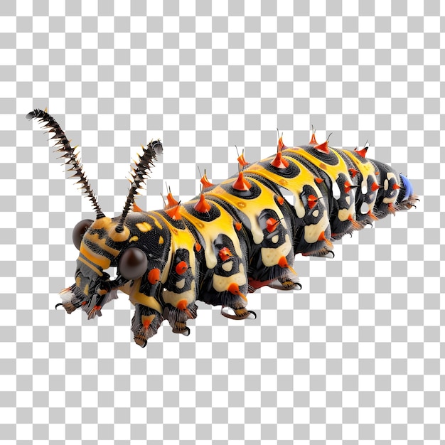 PSD yellow and black caterpillar crawling on white background