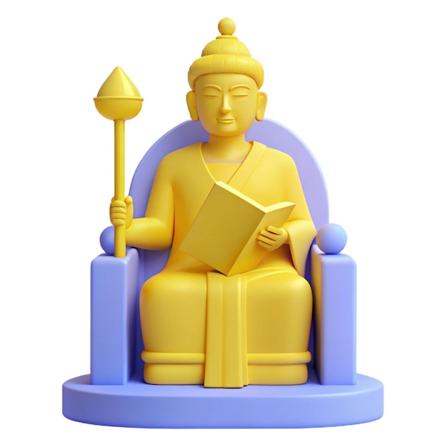 a yellow buddha statue with a book titled buddha