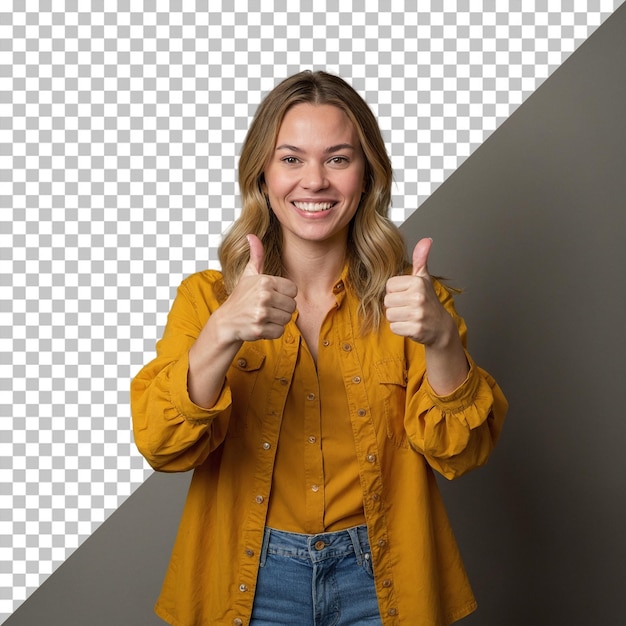 Yellow button shirt woman thumbs up with transparent background