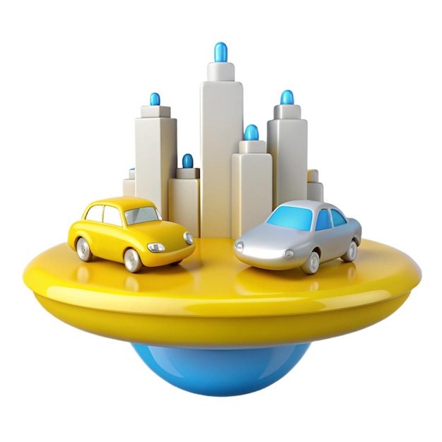 a yellow car and a silver car are on a yellow object