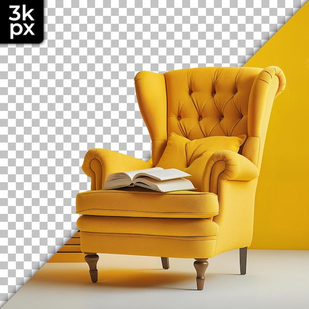 a yellow chair with a book on the cover and the words  xm  on the bottom